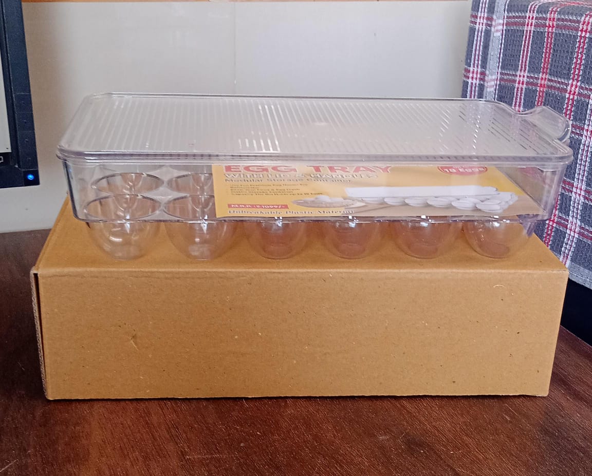 Plastic 18 Cavity Egg Storage Box Or Egg Trays For Refrigerator With Lid & Handles High Quality, Rectangular Egg Tray Box For 18 Egg (1 Pc) Plastic 18 Cavity Egg Storage Box Or Egg Trays For Refrigerator With Lid & Handles High Quality, Rectangular Egg Tray Box For 18 Egg (1 Pc)